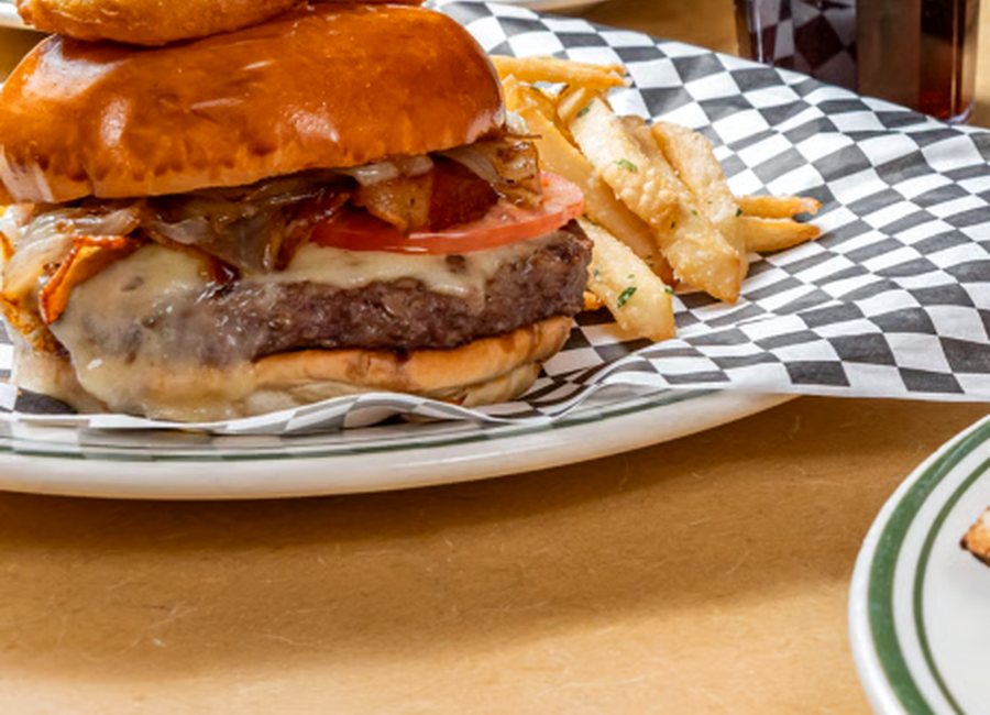 East Hanover Diner burger with fries and onion rings