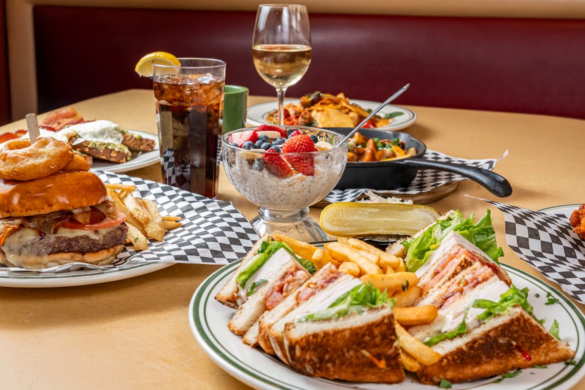 East Hanover Diner food spread with sandwiches, burger, fries and drinks